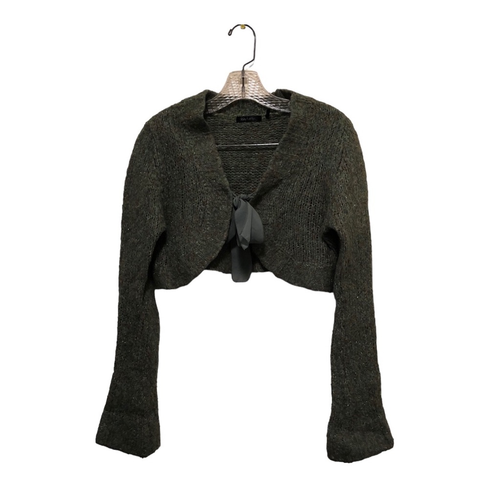 Daisy Fuentes Tie Front Bell Long Sleeve Crop Cardigan Women's Size L Green/Tan
